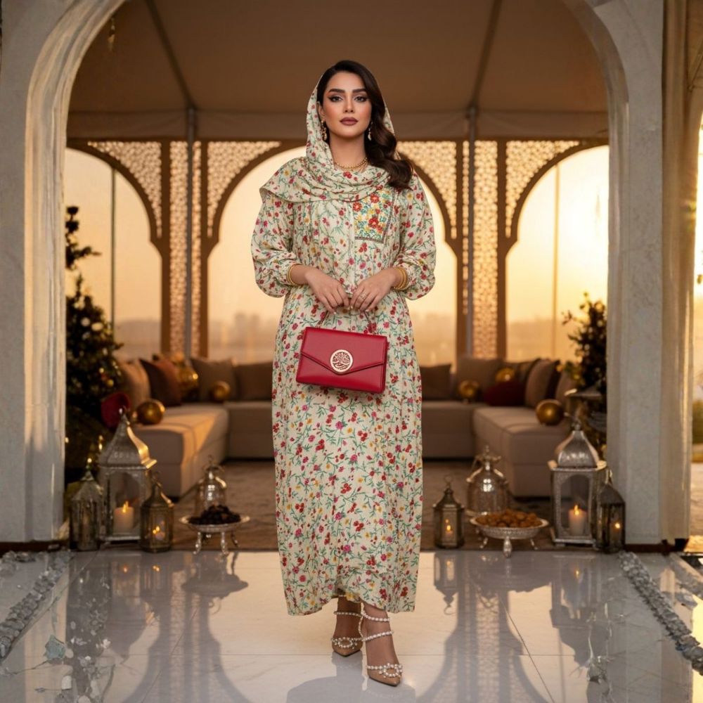 Fluorescent cotton jalabiya set with a floral Emirati touch and sheila – THQ004