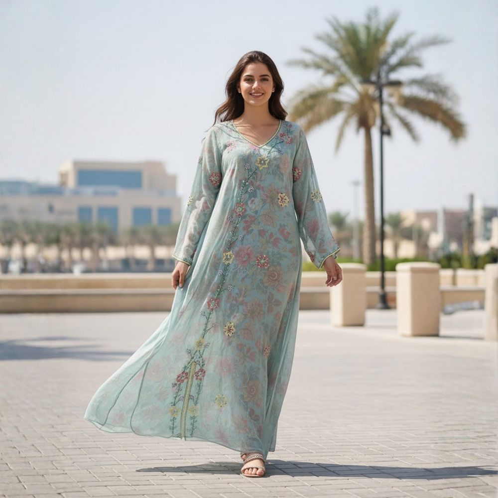 Turquoise jalabiya with gold embroidery and a luxurious Emirati touch – THQ014_thumbnail_0