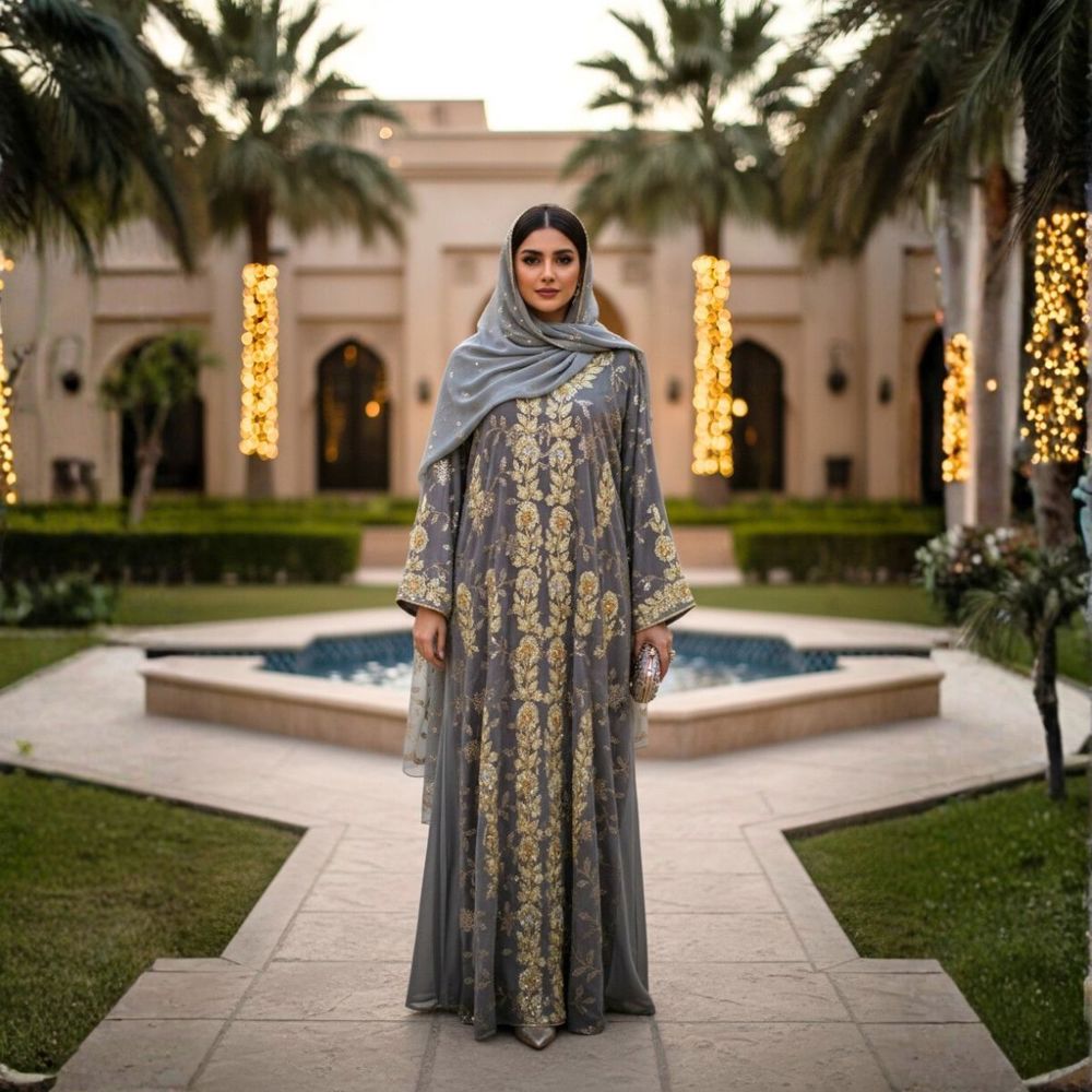 Jalabiya set with gold embroidery, Emirati touch, and a luxurious sheila – THQ007
