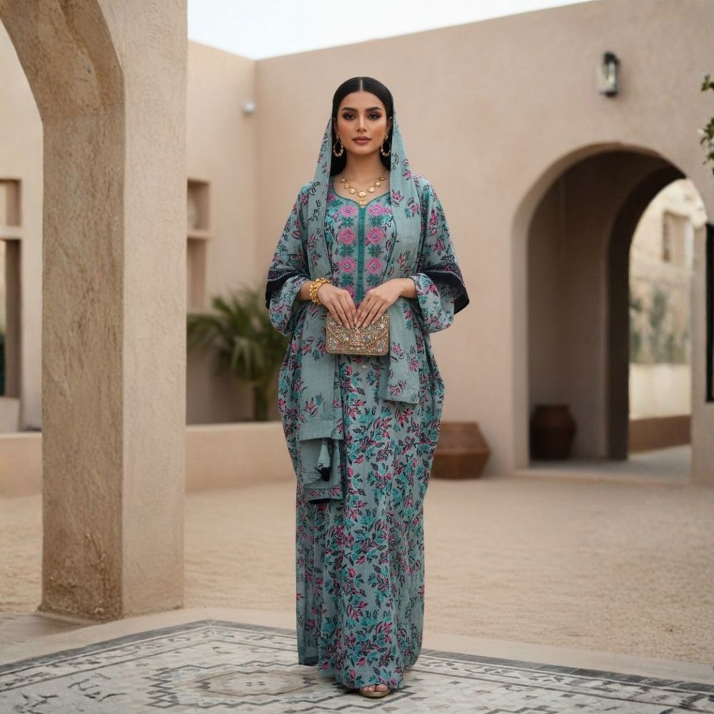 Embroidered jalabiya with a turquoise Emirati touch, paired with a matching sheila – THQ002_thumbnail_0