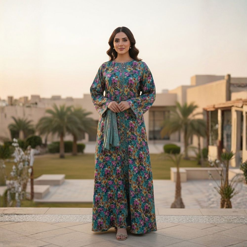 Turquoise and green cotton jalabiya with a luxurious Emirati touch – THQ023