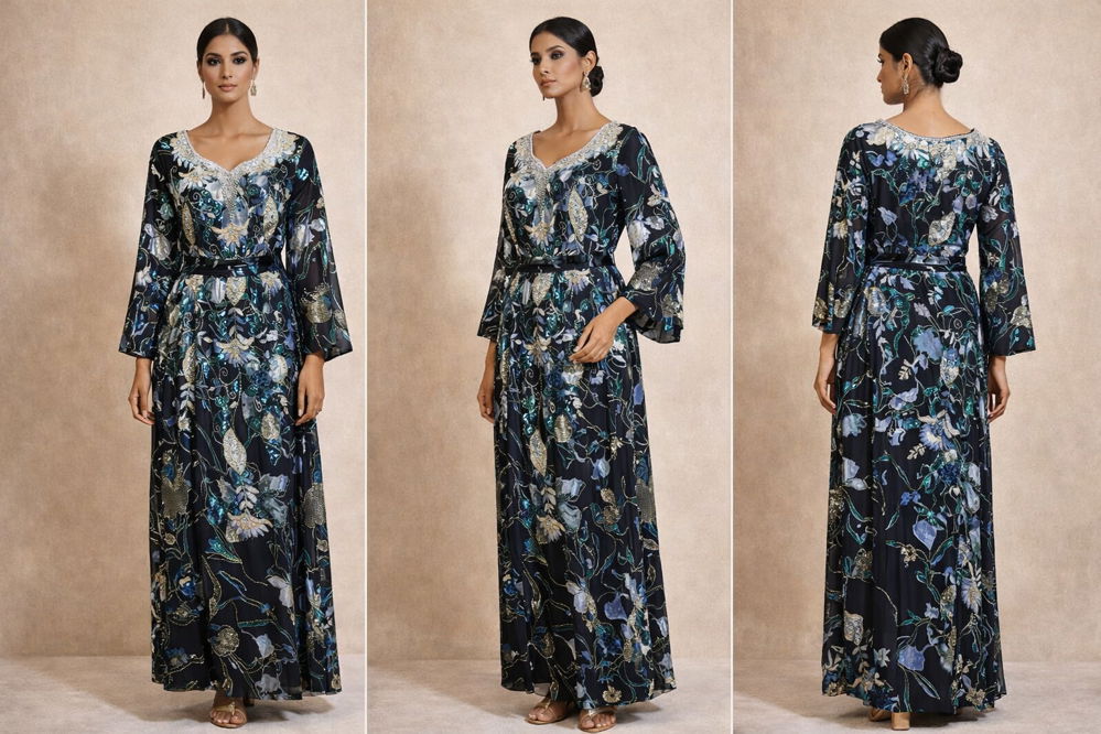 Fully embroidered chiffon jalabiya with a luxurious Emirati touch – THQ028