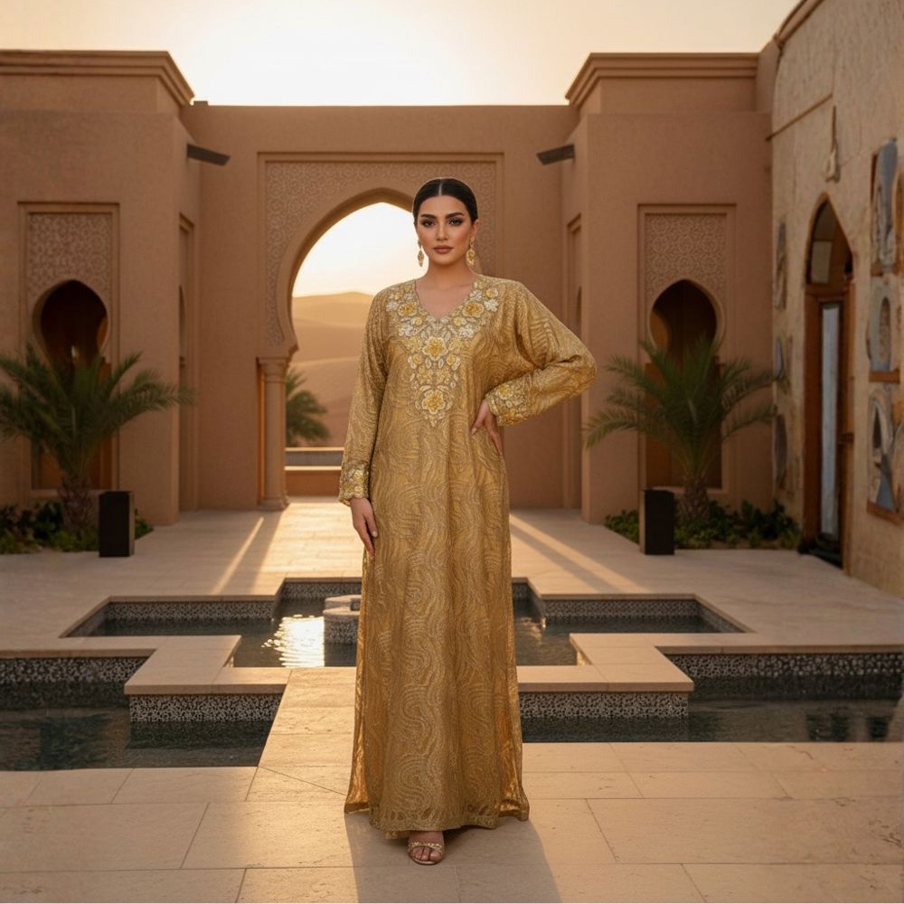 A luxurious Emirati-style embroidered gold jalabiya – THQ024
