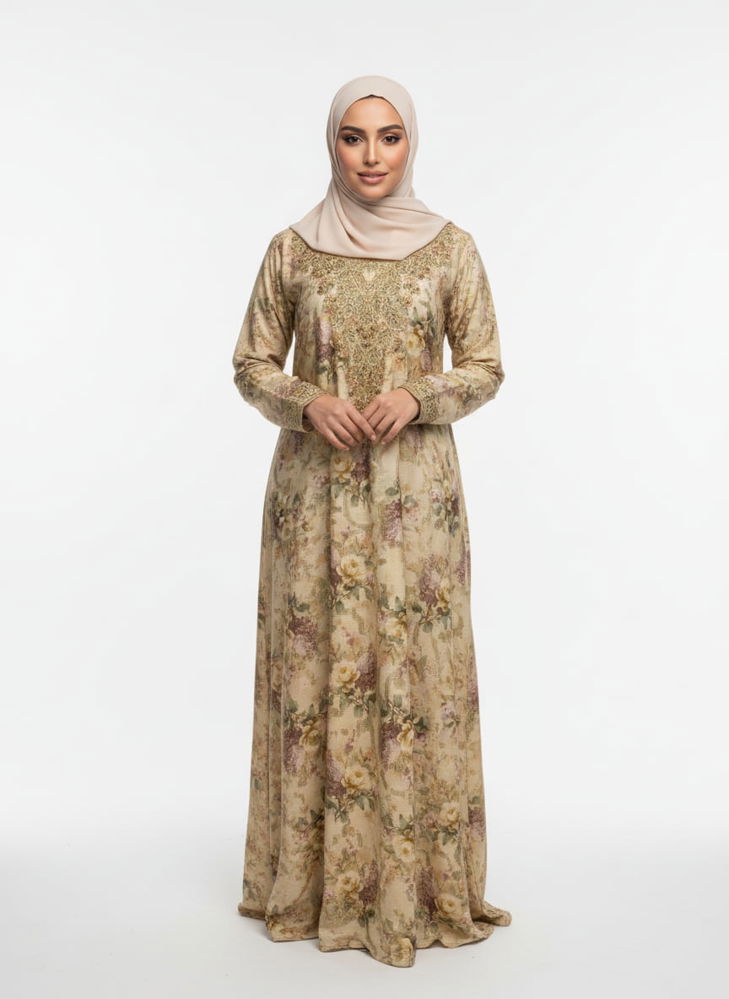 Orange chiffon galabeya with a floral pattern and a luxurious Emirati touch – THQ031