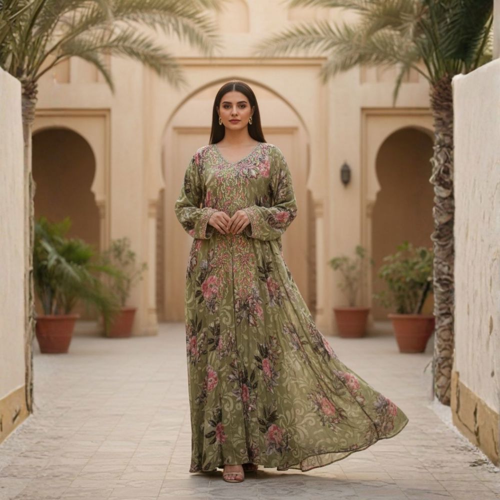 Royal evening jalabiya in olive green with a luxurious Emirati touch – THQ008