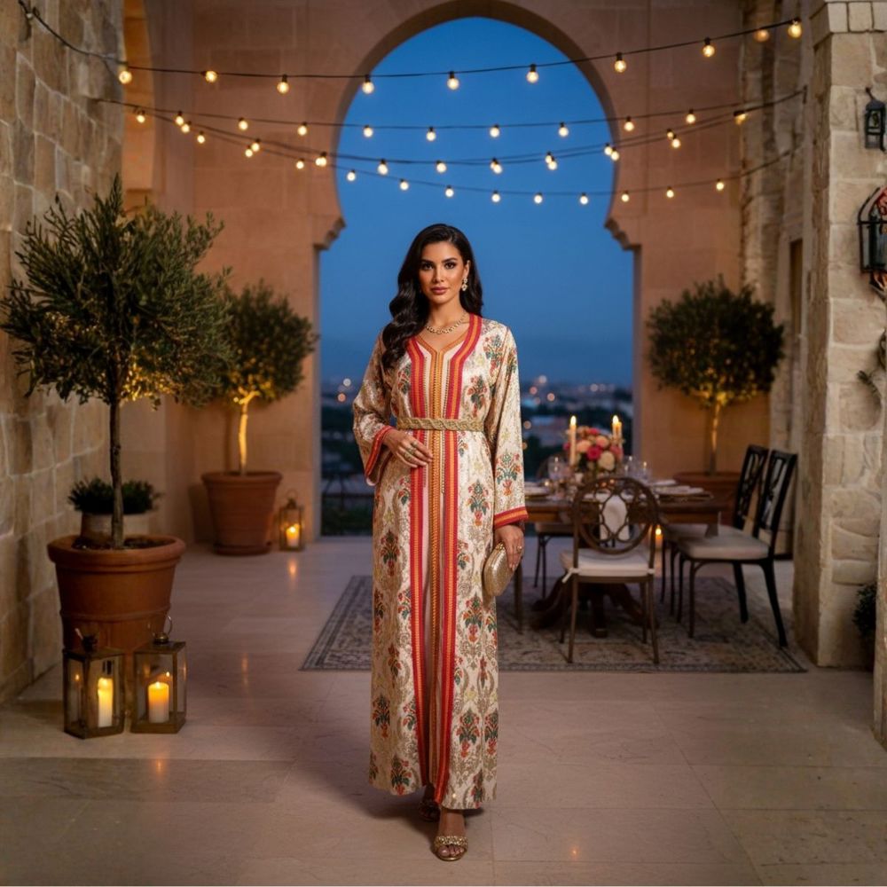 Emirati-style jalabiya, creamy beige with luxurious red embroidery – THQ010