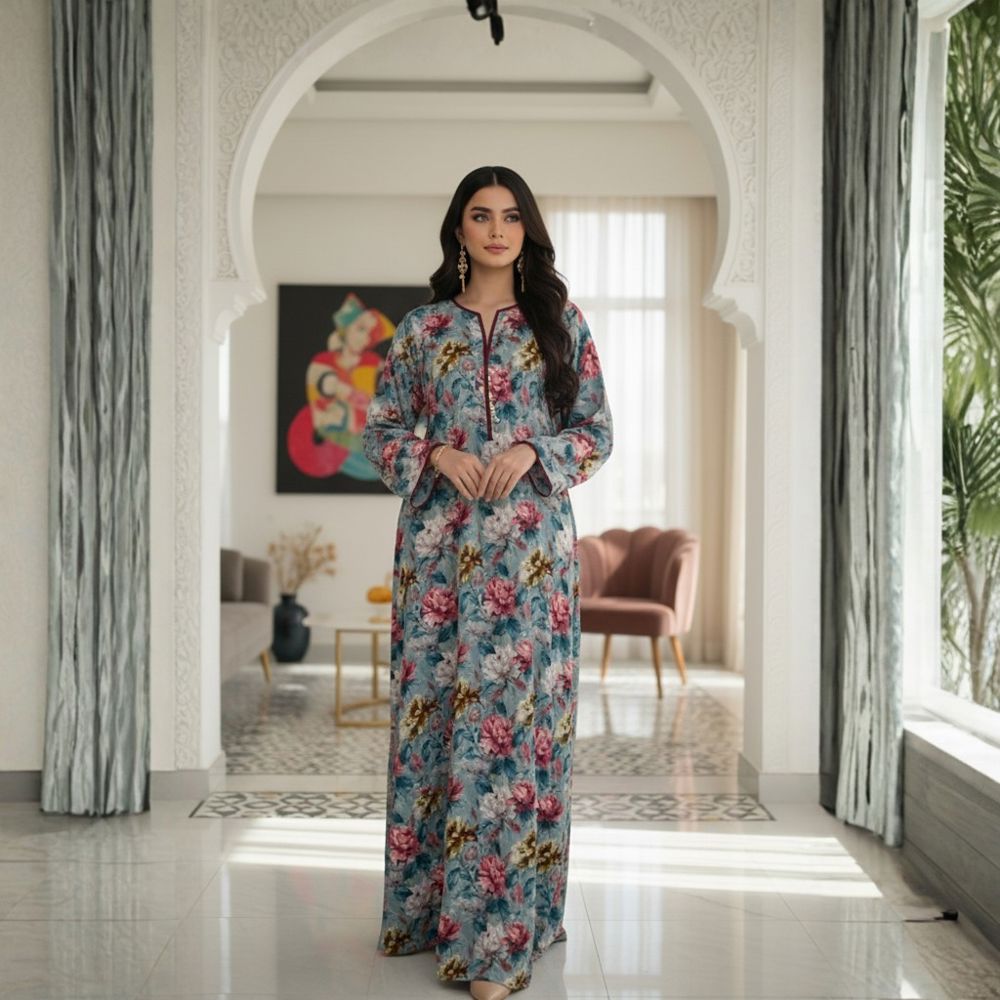 Elegant cotton jalabiya with floral patterns and a touch of Emirati luxury – THQ021
